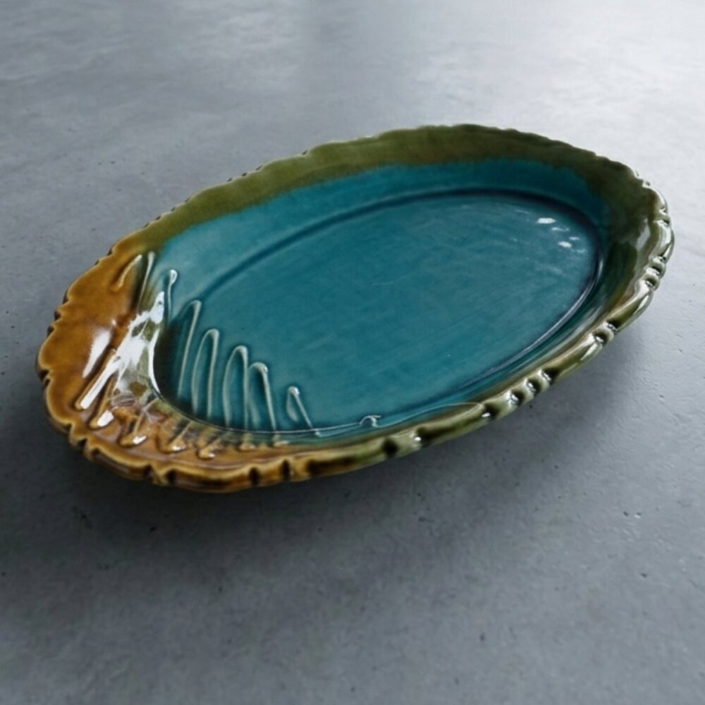 Vintage Signed Studio Pottery Oval Platter Turquoise Drip Glaze